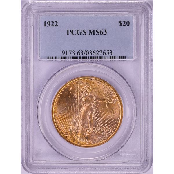 1922 $20 St. Gaudens Double Eagle Gold Coin PCGS MS63