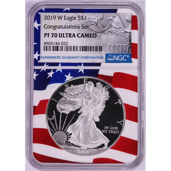 2019-W $1 Proof American Silver Eagle Coin NGC PF70 Ultra Cameo Congratulations Flag