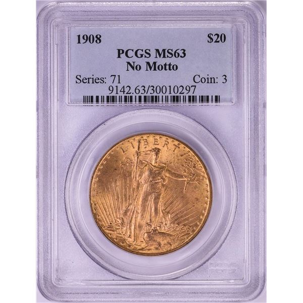 1908 No Motto $20 St. Gaudens Double Eagle Gold Coin PCGS MS63