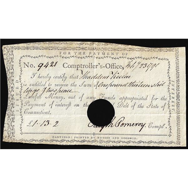 February 23, 1790 State of Connecticut Interest Certificate Colonial Note