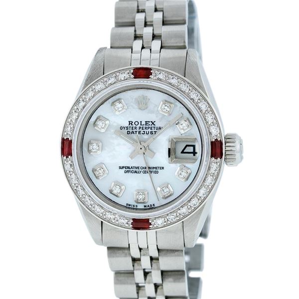 Rolex Ladies Stainless Steel MOP Diamond & Ruby Datejust Wristwatch