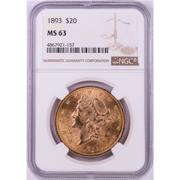 1893 $20 Liberty Head Double Eagle Gold Coin NGC MS63