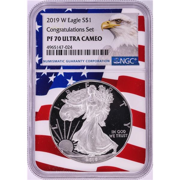 2019-W $1 Proof American Silver Eagle Coin NGC PF70 Ultra Cameo Congratulations Flag