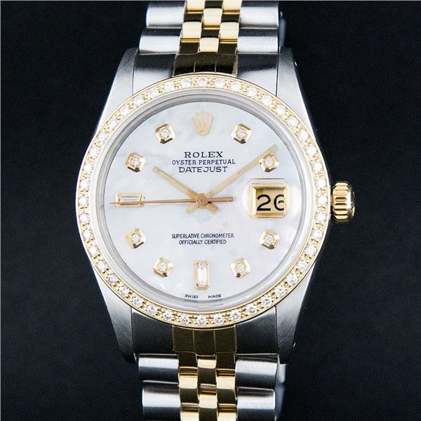 Rolex Men's Two Tone Mother Of Pearl Diamond Datejust Oyster Perpetual Wristwatch