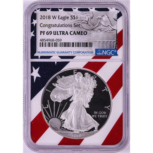 2018-W $1 Proof American Silver Eagle Coin NGC PF69 Ultra Cameo Congratulations Flag