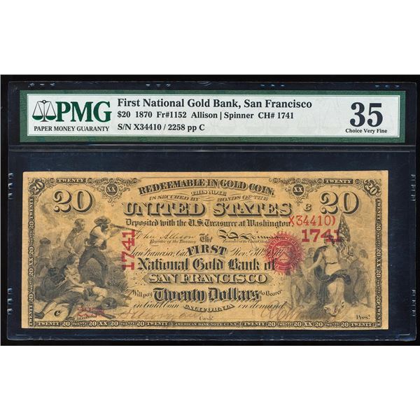 1870 $20 First National Gold Bank, San Francisco CH# 1152 Note PMG Ch. Very Fine 35