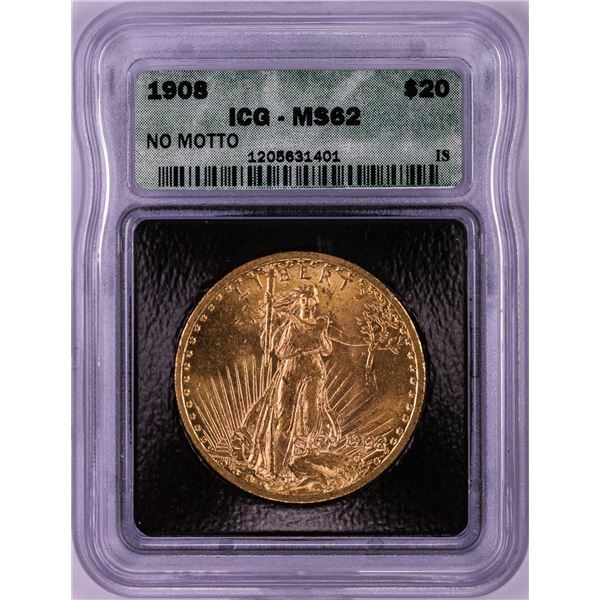 1908 No Motto $20 St. Gaudens Double Eagle Gold Coin ICG MS62