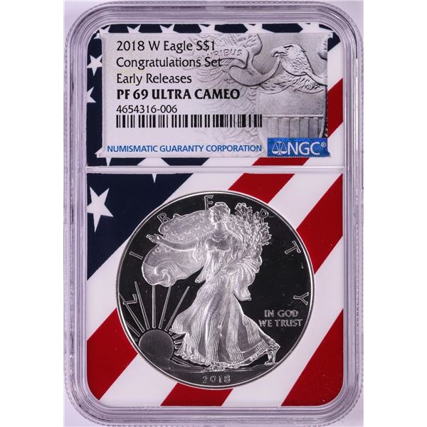 2018-W $1 Proof American Silver Eagle Coin NGC PF69 Ultra Cameo Congratulations Flag