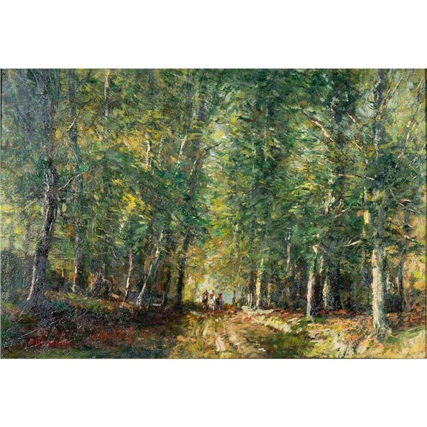 Framed Alfred Bastien Oil Painting, Landscape With Riders