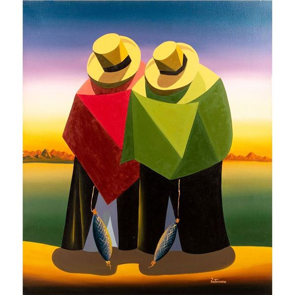 Vintage Portocarrero Painting, Fisherman, Signed