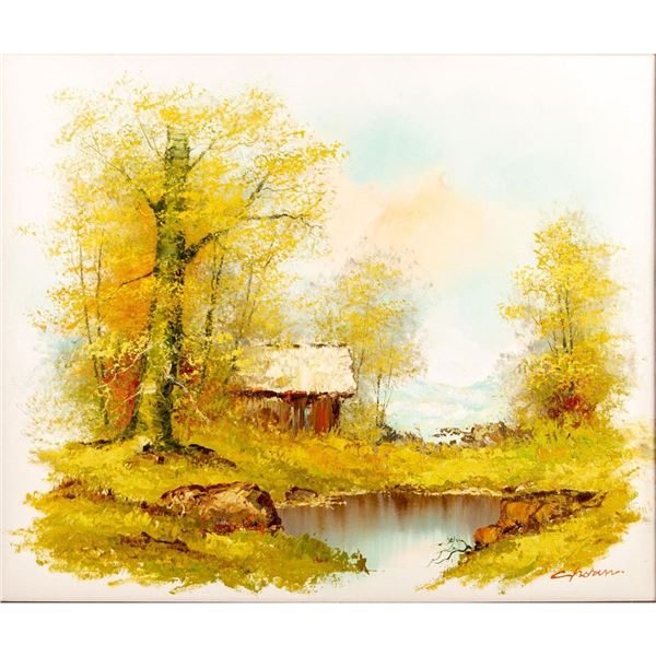Framed, Oil Painting on Canvas, Cabin by the Lake