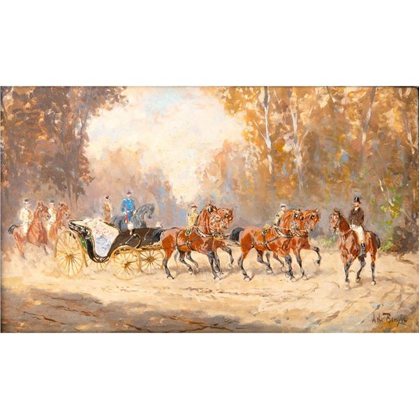 Signed Adi B. Oil on Wood Painting Stagecoach Scene