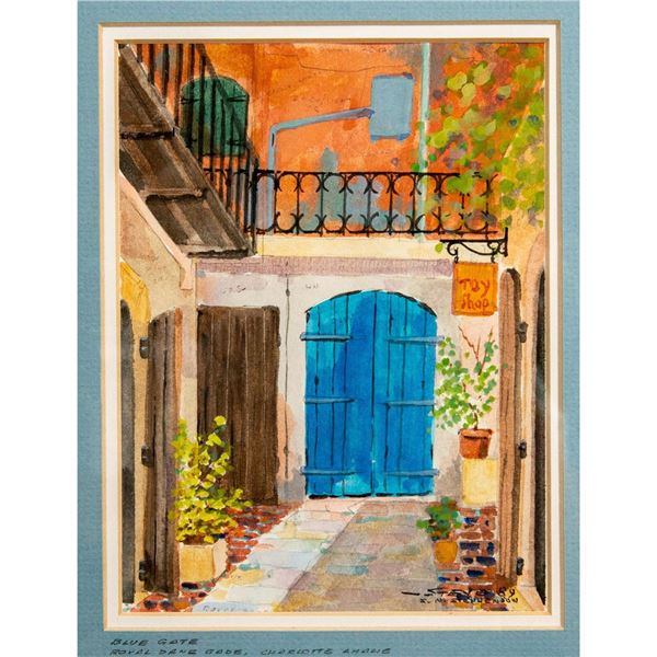 Framed Steve Stephenson Watercolor Painting, Blue Gate