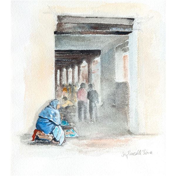 Framed Joy Rousell Stone Watercolor, Lincoln Ave