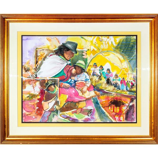 Framed Watercolor Painting, Ecuadorian Village Scene, 1992