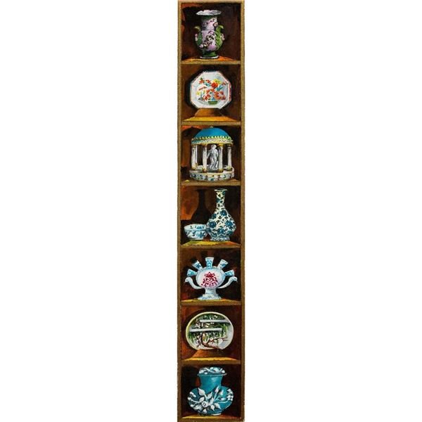 Framed, Acrylic Painting, 7 Porcelains in Display Cabinet