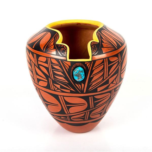 Native American Pottery Vase with Turquoise Stone Center
