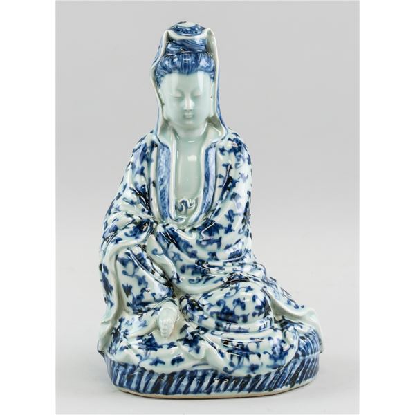 Chinese Republic White & Blue Porcelain Guanyin