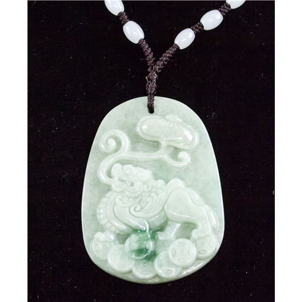 Chinese Greenstone Carved Lion Pendant with Cert