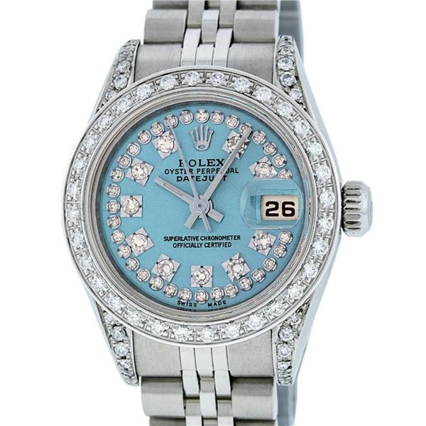 Rolex Ladies Stainless Steel Quickset Sky Blue Diamond Lugs Jubilee Datejust Wri