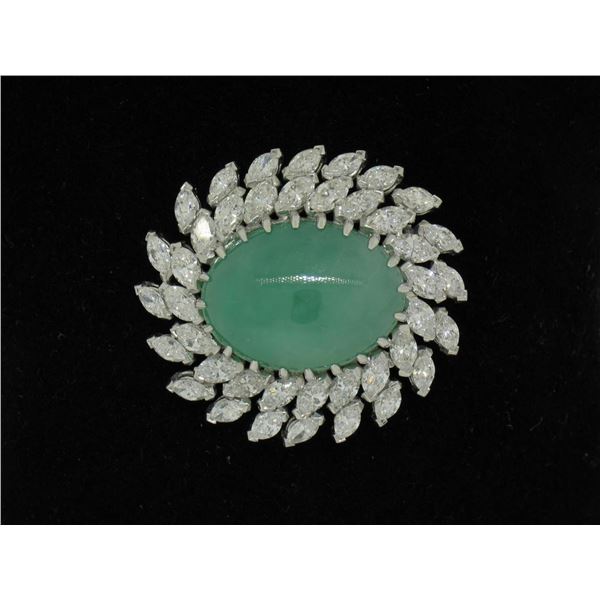 Estate Platinum 22.45 ctw Cabochon Jade & Marquise Diamond Dual Swirl Pin Brooch