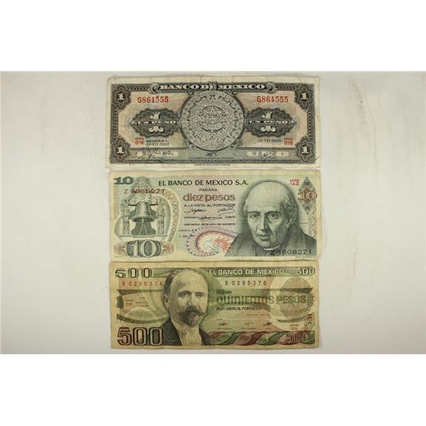 3 PIECES OF MEXICAN CURRENCY 1970 ONE PESO,