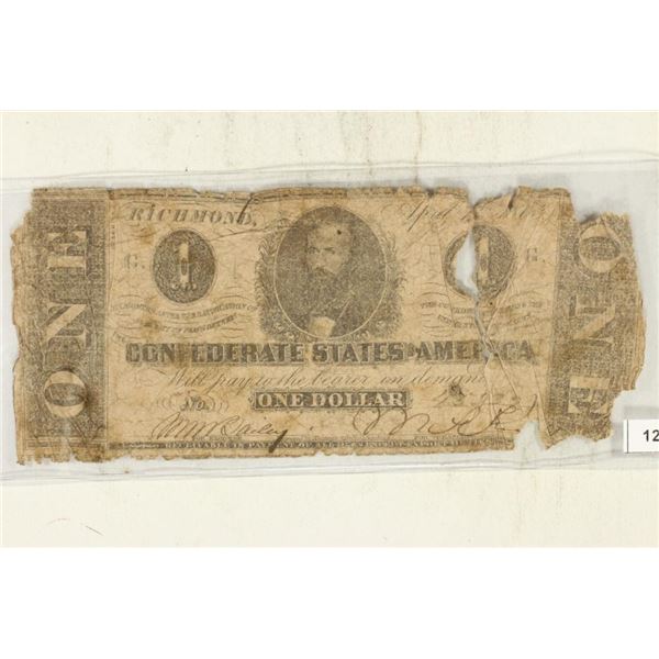 1864 CONFEDERATE STATES OF AMERICA $1 TOUGH