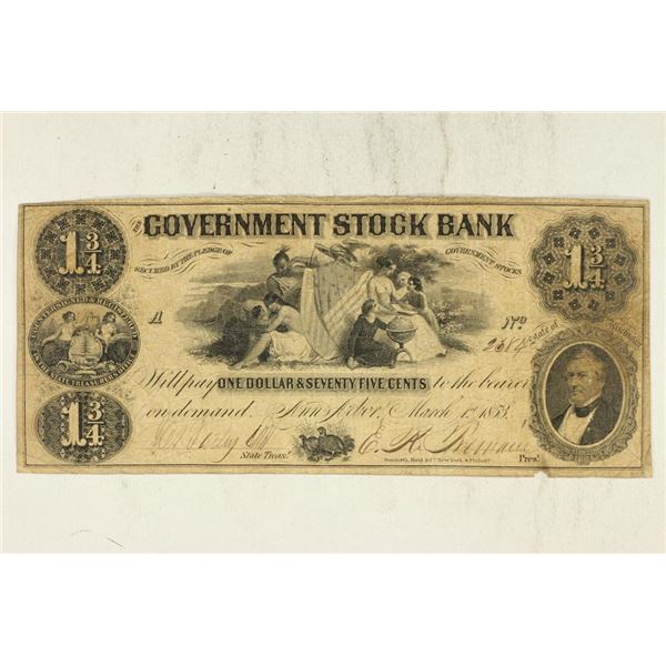 1853 GOVERNMENT STOCK BANK $1 3/4 OBSOLETE BANK