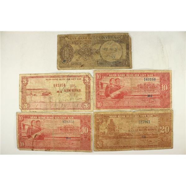 5 PIECES OF VIETNAM CURRENCY 1, 5, 2-10 & 20 DONGS