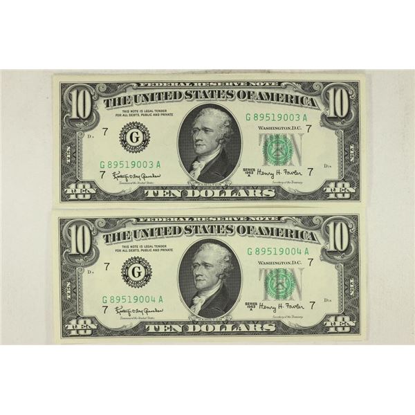 2-CRISP UNC 1963-A $10 FRN'S WITH CONSECUTIVE