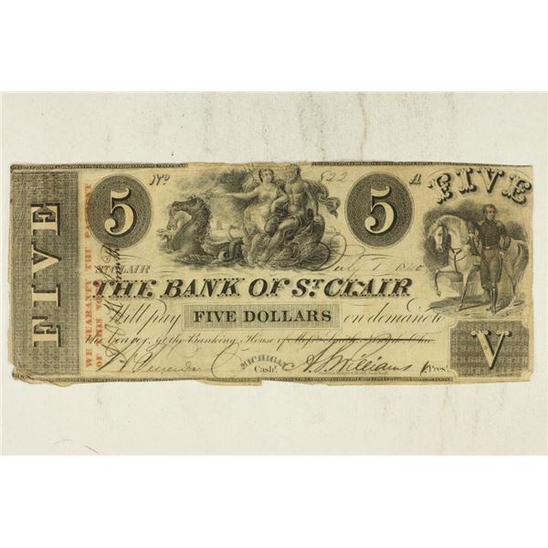 1840 BANK OF ST. CLAIR, MICHIGAN $5 OBSOLETE BANK