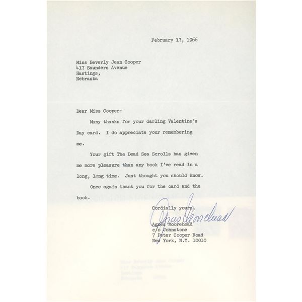 Agnes Moorehead BeWitched signed personal letter