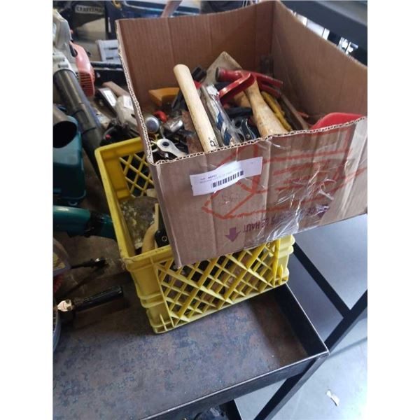 BOX AND CRATE OF HAND TOOLS, HAMMERS, SANDERS, DRYWALL TOOLS