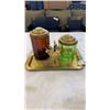 Image 1 : BRASS TRAY WITH COLORED GLASS JARS WITH BRASS LIDS AND SWORD SKEWERS