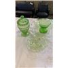 Image 1 : 3 URANIUM GLASS PIECES - LIDDED JAR, FOOTED DISH AND VASE