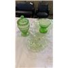 Image 1 : 3 URANIUM GLASS PIECES - LIDDED JAR, FOOTED DISH AND VASE