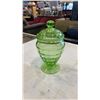 Image 2 : 3 URANIUM GLASS PIECES - LIDDED JAR, FOOTED DISH AND VASE