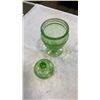 Image 3 : 3 URANIUM GLASS PIECES - LIDDED JAR, FOOTED DISH AND VASE