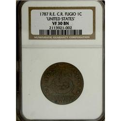 1787 1C Fugio Cent, Club Rays, Rounded Ends VF30
