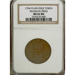1794 Franklin Press Token MS62 Brown NGC