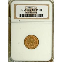1864 1C L On Ribbon MS64 Red and Brown NGC