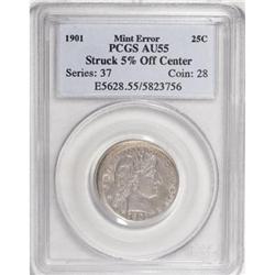 1901 25C Quarter--Struck 5% Off Center--AU55
