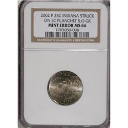 2002-P 25C Indiana MS66 NGC On a Five Cent Planc