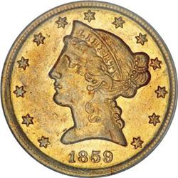 1859-D $5 Large D AU58 PCGS
