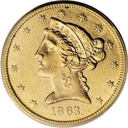 1863-S $5 AU58 PCGS