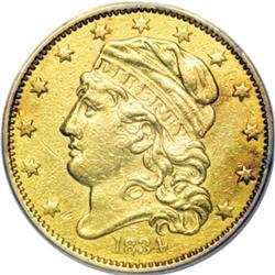 1834 $5 Cap. Hd, Cr. 4, Dam/Clnd, AU50 Det ANACS