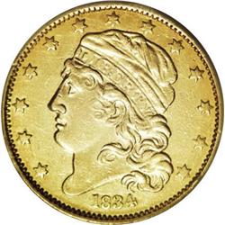 1834 $5 Capped Head, Plain 4 AU50 ANACS