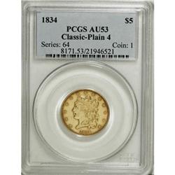 1834 $5 Plain 4 AU53 PCGS