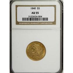 1840 $5 Narrow Mill AU55 NGC