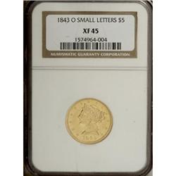 1843-O $5 Small Letters XF45 NGC